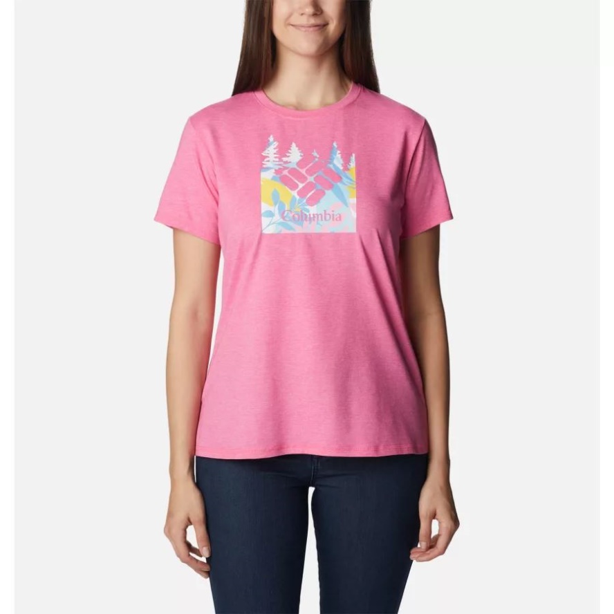 Women's Sun Trek Graphic T-Shirt Columbia Sale Wild Geranium Hthr/Arboreal Swirl Grx