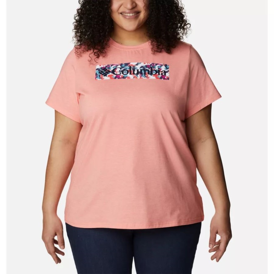 Women's Sun Trek Graphic T-Shirt Plus Size Columbia Sale Coral Reef Heather/Typhoon Bloom Frame