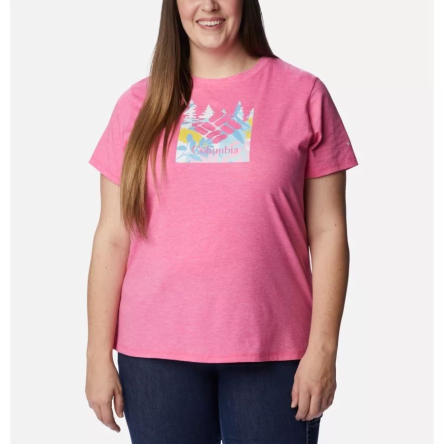 Women's Sun Trek Graphic T-Shirt Plus Size Wild Geranium Hthr/Arboreal Swirl Grx Columbia Sale