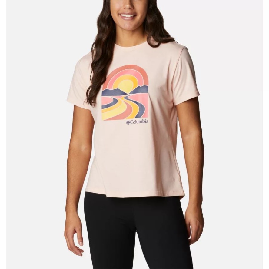 Women's Sun Trek II Technical Graphic T-Shirt Columbia Sale Peach Blossom Heather/Suntrek Trails
