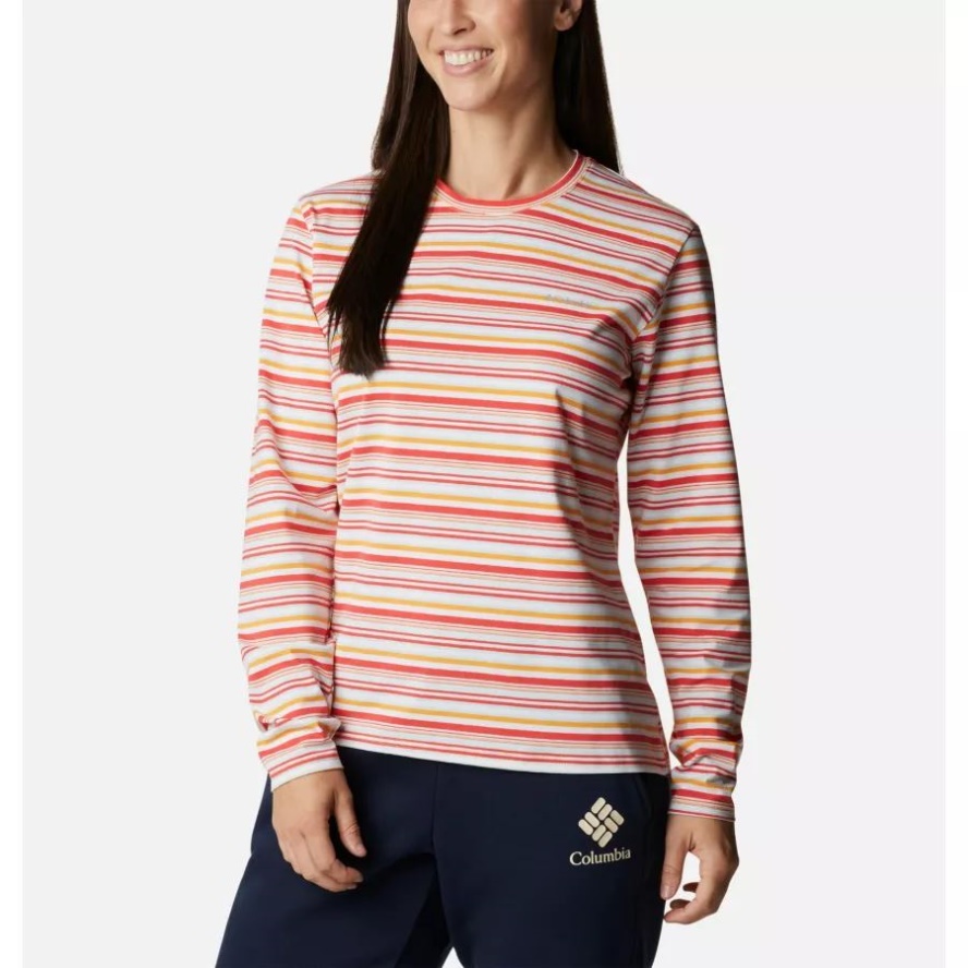 Women's Sun Trek Pattern Long Sleeve T-Shirt Coral Reef Multi Sunrise Stripe Columbia Sale