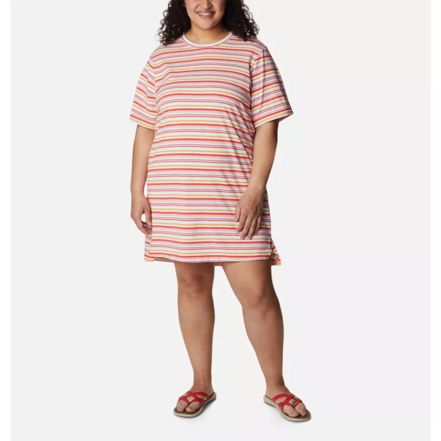 Women's Sun Trek T-Shirt Dress Plus Size Columbia Sale Red Hibiscus Climate Change Stripe