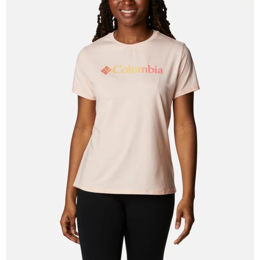 Women's Sun Trek Technical Graphic T-Shirt Columbia Sale Peach Blossom Heather/CSC Gradient