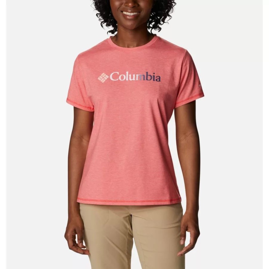 Women's Sun Trek Technical Graphic T-Shirt Red Hibiscus Heather/Branded Gradient Columbia Sale